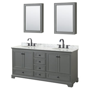 Deborah 72 Inch Double Bathroom Vanity in Dark Gray White Carrara Marble Countertop Undermount Oval Sinks Matte Black Trim Medicine Cabinets