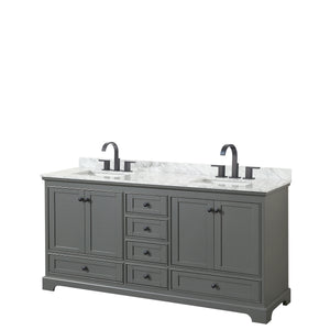 Deborah 72 Inch Double Bathroom Vanity in Dark Gray White Carrara Marble Countertop Undermount Square Sinks Matte Black Trim