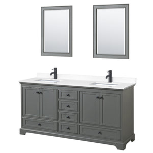 Deborah 72 Inch Double Bathroom Vanity in Dark Gray White Cultured Marble Countertop Undermount Square Sinks Matte Black Trim 24 Inch Mirrors
