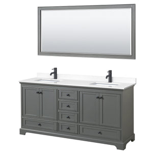 Deborah 72 Inch Double Bathroom Vanity in Dark Gray White Cultured Marble Countertop Undermount Square Sinks Matte Black Trim 70 Inch Mirror