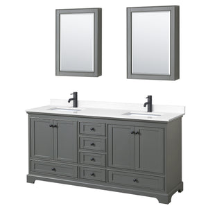 Deborah 72 Inch Double Bathroom Vanity in Dark Gray White Cultured Marble Countertop Undermount Square Sinks Matte Black Trim Medicine Cabinets