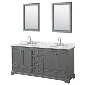 Deborah 72 Inch Double Bathroom Vanity in Dark Gray White Carrara Marble Countertop Undermount Oval Sinks and 24 Inch Mirrors