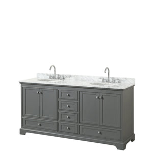 Deborah 72 Inch Double Bathroom Vanity in Dark Gray White Carrara Marble Countertop Undermount Oval Sinks and No Mirrors