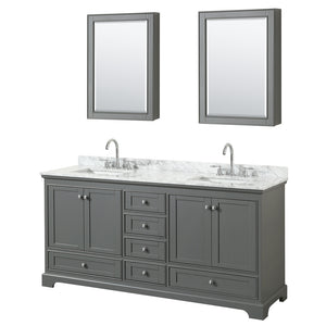 Deborah 72 Inch Double Bathroom Vanity in Dark Gray White Carrara Marble Countertop Undermount Square Sinks and Medicine Cabinets