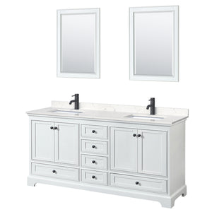 Deborah 72 Inch Double Bathroom Vanity in White Carrara Cultured Marble Countertop Undermount Square Sinks Matte Black Trim 24 Inch Mirrors