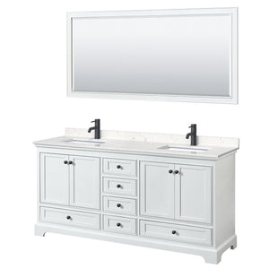 Deborah 72 Inch Double Bathroom Vanity in White Carrara Cultured Marble Countertop Undermount Square Sinks Matte Black Trim 70 Inch Mirror