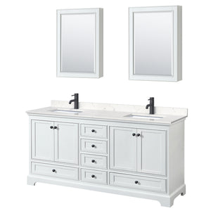 Deborah 72 Inch Double Bathroom Vanity in White Carrara Cultured Marble Countertop Undermount Square Sinks Matte Black Trim Medicine Cabinets