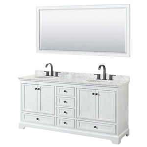 Deborah 72 Inch Double Bathroom Vanity in White White Carrara Marble Countertop Undermount Oval Sinks Matte Black Trim 70 Inch Mirror
