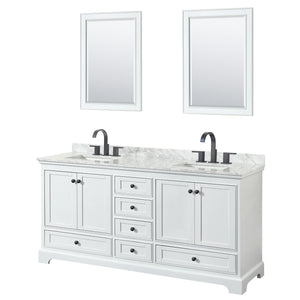 Deborah 72 Inch Double Bathroom Vanity in White White Carrara Marble Countertop Undermount Square Sinks Matte Black Trim 24 Inch Mirrors