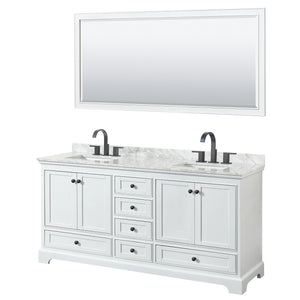 Deborah 72 Inch Double Bathroom Vanity in White White Carrara Marble Countertop Undermount Square Sinks Matte Black Trim 70 Inch Mirror
