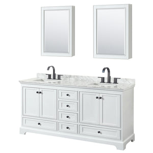 Deborah 72 Inch Double Bathroom Vanity in White White Carrara Marble Countertop Undermount Square Sinks Matte Black Trim Medicine Cabinets