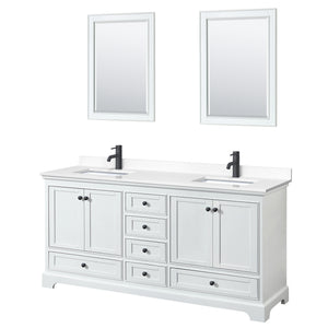 Deborah 72 Inch Double Bathroom Vanity in White White Cultured Marble Countertop Undermount Square Sinks Matte Black Trim 24 Inch Mirrors