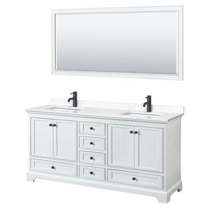 Deborah 72 Inch Double Bathroom Vanity in White White Cultured Marble Countertop Undermount Square Sinks Matte Black Trim 70 Inch Mirror