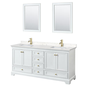 Deborah 72 Inch Double Bathroom Vanity in White Carrara Cultured Marble Countertop Undermount Square Sinks Brushed Gold Trim 24 Inch Mirrors