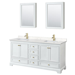 Deborah 72 Inch Double Bathroom Vanity in White Carrara Cultured Marble Countertop Undermount Square Sinks Brushed Gold Trim Medicine Cabinets