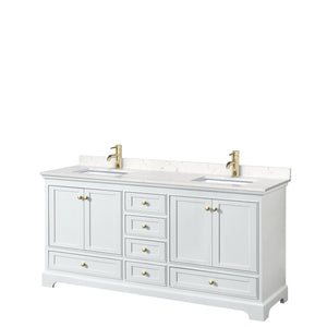 Deborah 72 Inch Double Bathroom Vanity in White Carrara Cultured Marble Countertop Undermount Square Sinks Brushed Gold Trim No Mirrors