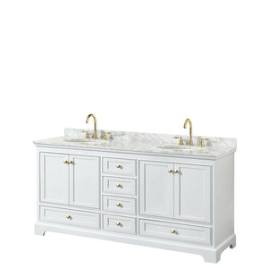 Deborah 72 Inch Double Bathroom Vanity in White White Carrara Marble Countertop Undermount Oval Sinks Brushed Gold Trim No Mirrors