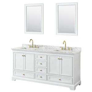 Deborah 72 Inch Double Bathroom Vanity in White White Carrara Marble Countertop Undermount Square Sinks Brushed Gold Trim 24 Inch Mirrors