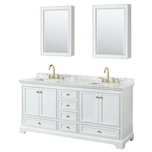 Deborah 72 Inch Double Bathroom Vanity in White White Carrara Marble Countertop Undermount Square Sinks Brushed Gold Trim Medicine Cabinets