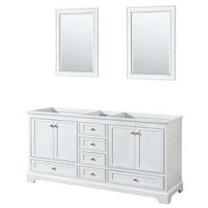 Deborah 72 Inch Double Bathroom Vanity in White No Countertop No Sinks Brushed Gold Trim 24 Inch Mirrors
