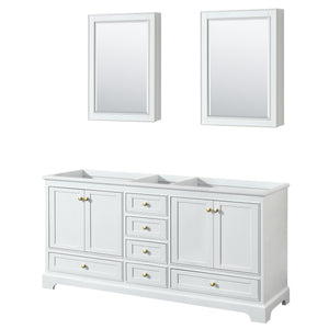 Deborah 72 Inch Double Bathroom Vanity in White No Countertop No Sinks Brushed Gold Trim Medicine Cabinets
