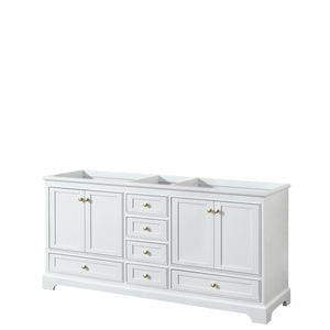 Deborah 72 Inch Double Bathroom Vanity in White No Countertop No Sinks Brushed Gold Trim No Mirrors