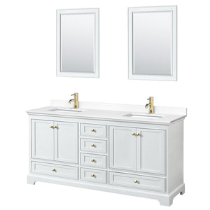 Deborah 72 Inch Double Bathroom Vanity in White White Cultured Marble Countertop Undermount Square Sinks Brushed Gold Trim 24 Inch Mirrors