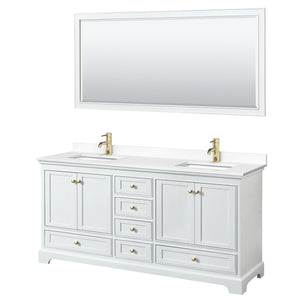 Deborah 72 Inch Double Bathroom Vanity in White White Cultured Marble Countertop Undermount Square Sinks Brushed Gold Trim 70 Inch Mirror