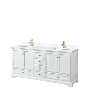 Deborah 72 Inch Double Bathroom Vanity in White White Cultured Marble Countertop Undermount Square Sinks Brushed Gold Trim No Mirrors