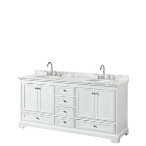 Deborah 72 Inch Double Bathroom Vanity in White White Carrara Marble Countertop Undermount Oval Sinks and No Mirrors