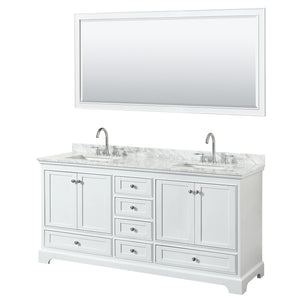 Deborah 72 Inch Double Bathroom Vanity in White White Carrara Marble Countertop Undermount Square Sinks and 70 Inch Mirror