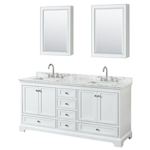 Deborah 72 Inch Double Bathroom Vanity in White White Carrara Marble Countertop Undermount Square Sinks and Medicine Cabinets