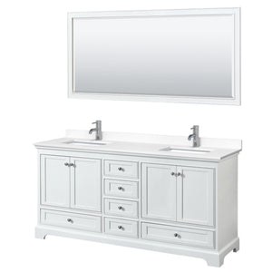 Deborah 72 Inch Double Bathroom Vanity in White White Cultured Marble Countertop Undermount Square Sinks 70 Inch Mirror