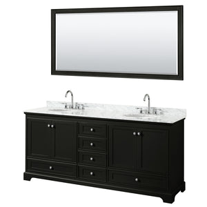 Deborah 80 Inch Double Bathroom Vanity in Dark Espresso White Carrara Marble Countertop Undermount Oval Sinks and 70 Inch Mirror