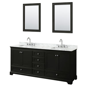 Deborah 80 Inch Double Bathroom Vanity in Dark Espresso White Carrara Marble Countertop Undermount Square Sinks and 24 Inch Mirrors