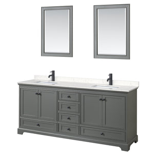 Deborah 80 Inch Double Bathroom Vanity in Dark Gray Carrara Cultured Marble Countertop Undermount Square Sinks Matte Black Trim 24 Inch Mirrors