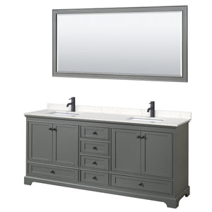 Deborah 80 Inch Double Bathroom Vanity in Dark Gray Carrara Cultured Marble Countertop Undermount Square Sinks Matte Black Trim 70 Inch Mirror