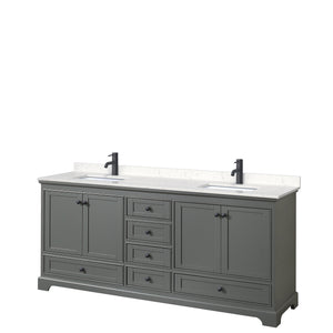 Deborah 80 Inch Double Bathroom Vanity in Dark Gray Carrara Cultured Marble Countertop Undermount Square Sinks Matte Black Trim