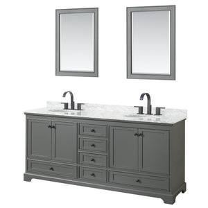 Deborah 80 Inch Double Bathroom Vanity in Dark Gray White Carrara Marble Countertop Undermount Oval Sinks Matte Black Trim 24 Inch Mirrors