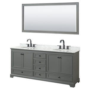 Deborah 80 Inch Double Bathroom Vanity in Dark Gray White Carrara Marble Countertop Undermount Oval Sinks Matte Black Trim 70 Inch Mirror