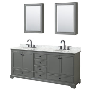Deborah 80 Inch Double Bathroom Vanity in Dark Gray White Carrara Marble Countertop Undermount Oval Sinks Matte Black Trim Medicine Cabinets