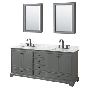 Deborah 80 Inch Double Bathroom Vanity in Dark Gray White Carrara Marble Countertop Undermount Square Sinks Matte Black Trim Medicine Cabinets