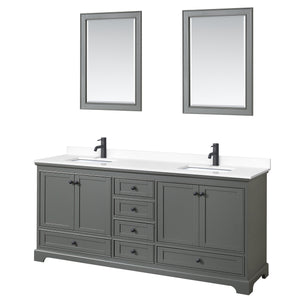 Deborah 80 Inch Double Bathroom Vanity in Dark Gray White Cultured Marble Countertop Undermount Square Sinks Matte Black Trim 24 Inch Mirrors