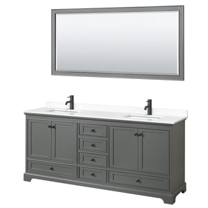 Deborah 80 Inch Double Bathroom Vanity in Dark Gray White Cultured Marble Countertop Undermount Square Sinks Matte Black Trim 70 Inch Mirror