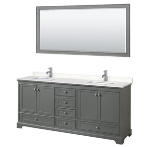 Deborah 80 Inch Double Bathroom Vanity in Dark Gray Carrara Cultured Marble Countertop Undermount Square Sinks 70 Inch Mirror