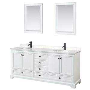 Deborah 80 Inch Double Bathroom Vanity in White Carrara Cultured Marble Countertop Undermount Square Sinks Matte Black Trim 24 Inch Mirrors