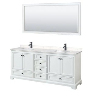 Deborah 80 Inch Double Bathroom Vanity in White Carrara Cultured Marble Countertop Undermount Square Sinks Matte Black Trim 70 Inch Mirror