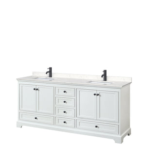 Deborah 80 Inch Double Bathroom Vanity in White Carrara Cultured Marble Countertop Undermount Square Sinks Matte Black Trim
