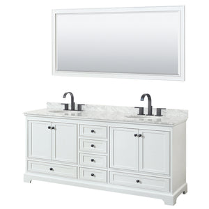 Deborah 80 Inch Double Bathroom Vanity in White White Carrara Marble Countertop Undermount Oval Sinks Matte Black Trim 70 Inch Mirror