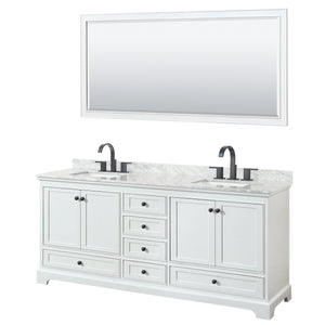 Deborah 80 Inch Double Bathroom Vanity in White White Carrara Marble Countertop Undermount Square Sinks Matte Black Trim 70 Inch Mirror